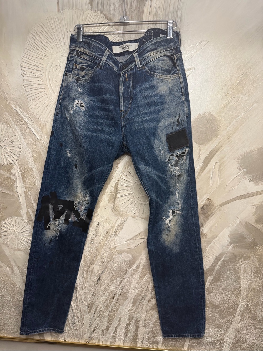 Replay Distressed Dark Blue Denim Jeans with Black Patch Detail Size 29